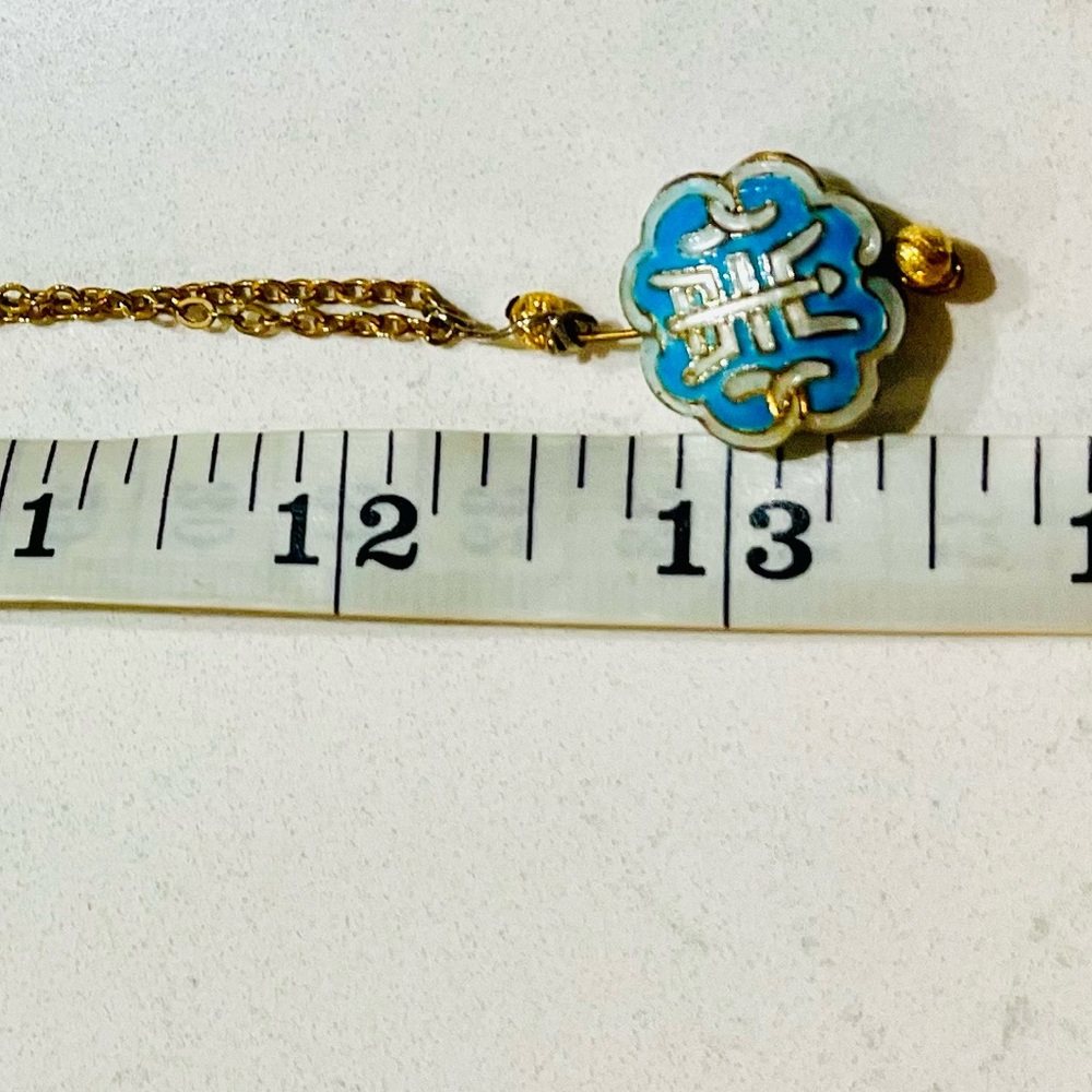 Vintage Cloisonné Enamel Necklace – Robin’s-Egg Blue & Gold Longevity Symbol - Picture 10 of 11